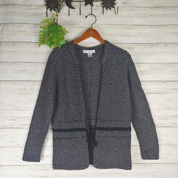 Vintage Handknit Black and Grey Herringbone Cotton Alpaca Cardigan - Picture 1 of 5